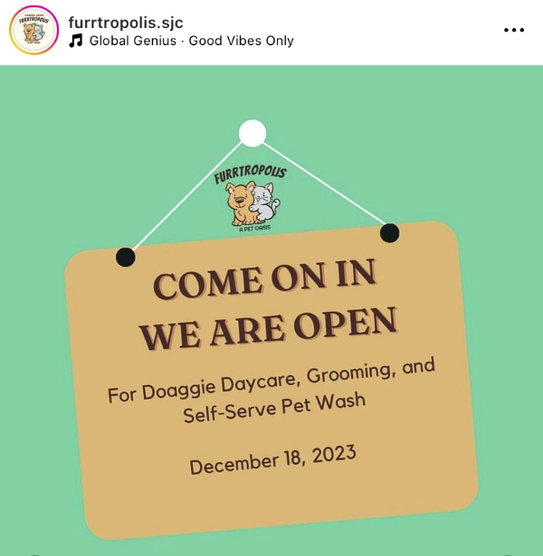 A sign that says come on we are open for Pet grooming.