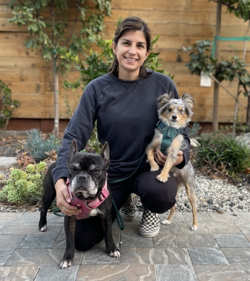 A woman posing with two dogs on a leash at a dog daycare.